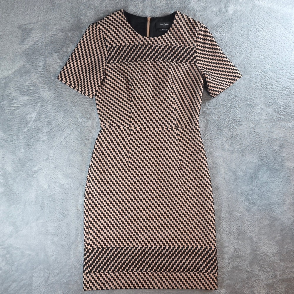 Paul Smith Women 42 Beige Black Sheath Dress Geometric Chevron Made in Italy